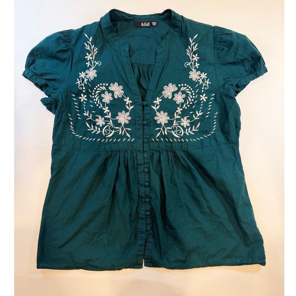 a.n.a A New Approach Green Embroidered Peasant Cotton Blouse Short Puff Sleeve M